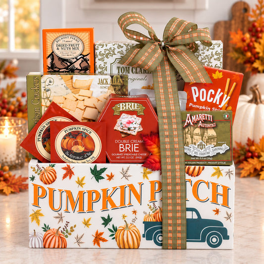 Fall gift basket with pumpkin-themed boxes, wrapped with a plaid ribbon bow