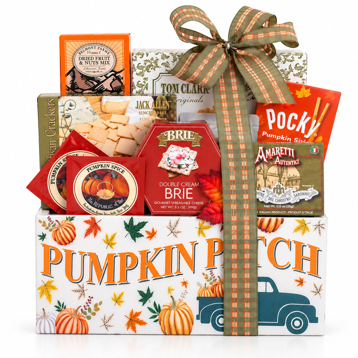 Fall gift basket in a box with pumpkin and truck designs, plaid bow on top