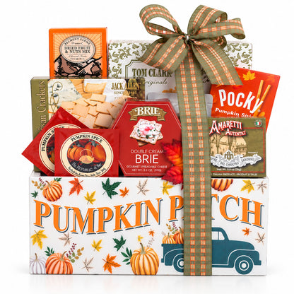 Fall gift basket in a box with pumpkin and truck designs, plaid bow on top