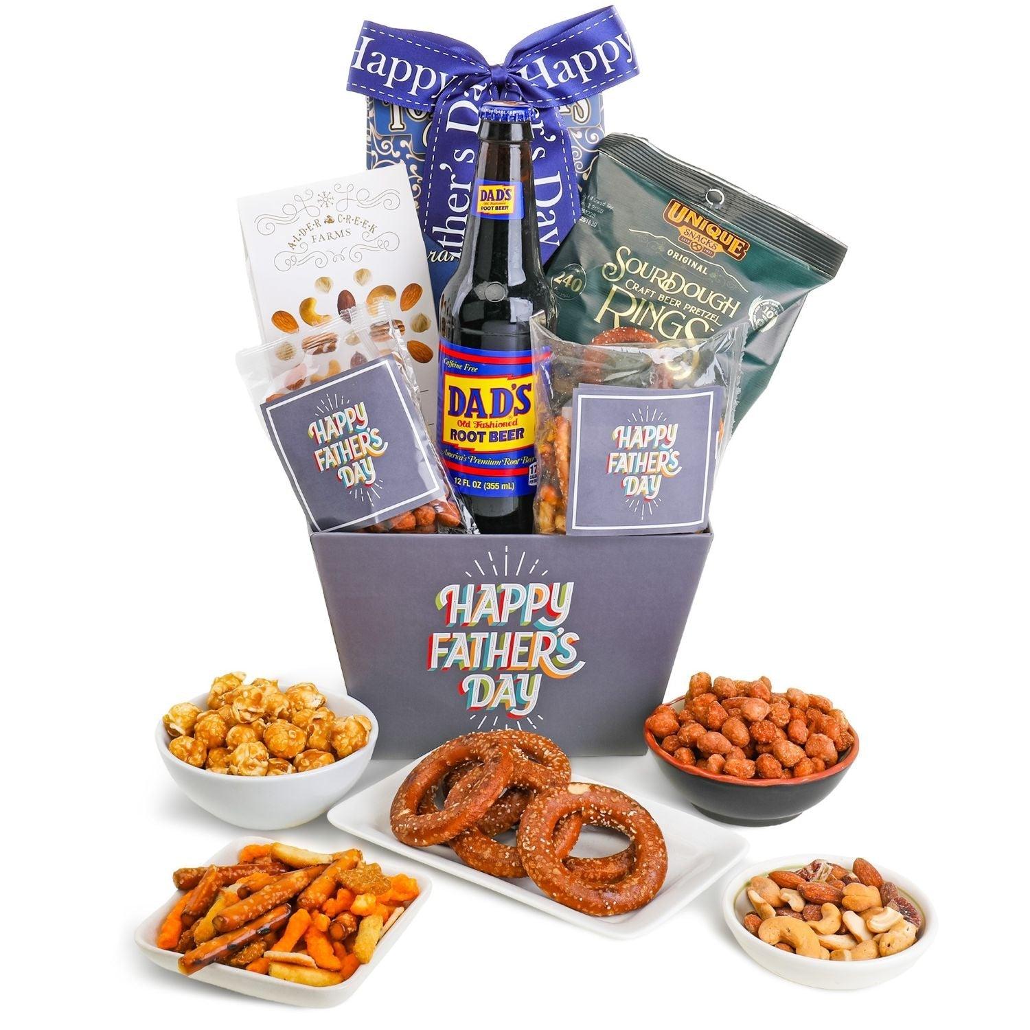 Dad’s treats gift basket with root beer, sourdough ring pretzels, and assorted snacks