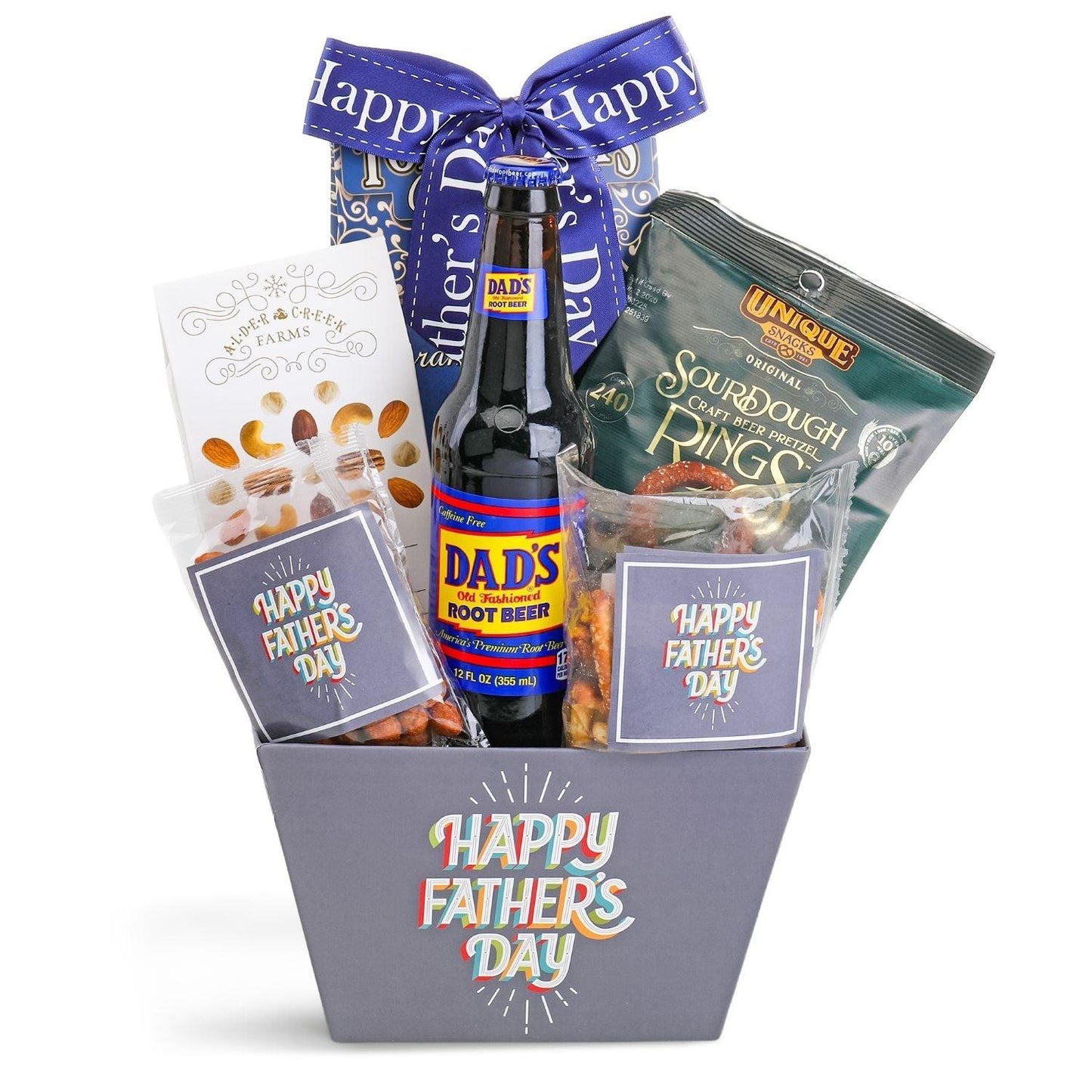 Happy Father's Day gift basket with root beer bottle, ring pretzels, and snack packs