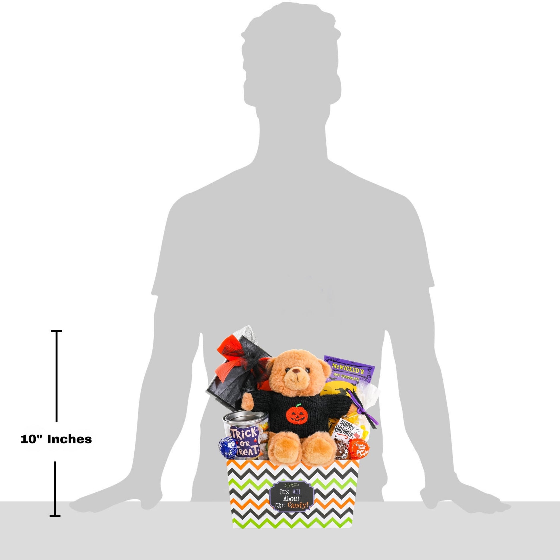 10-inch Halloween gift basket with teddy bear and candy, shown on person silhouette