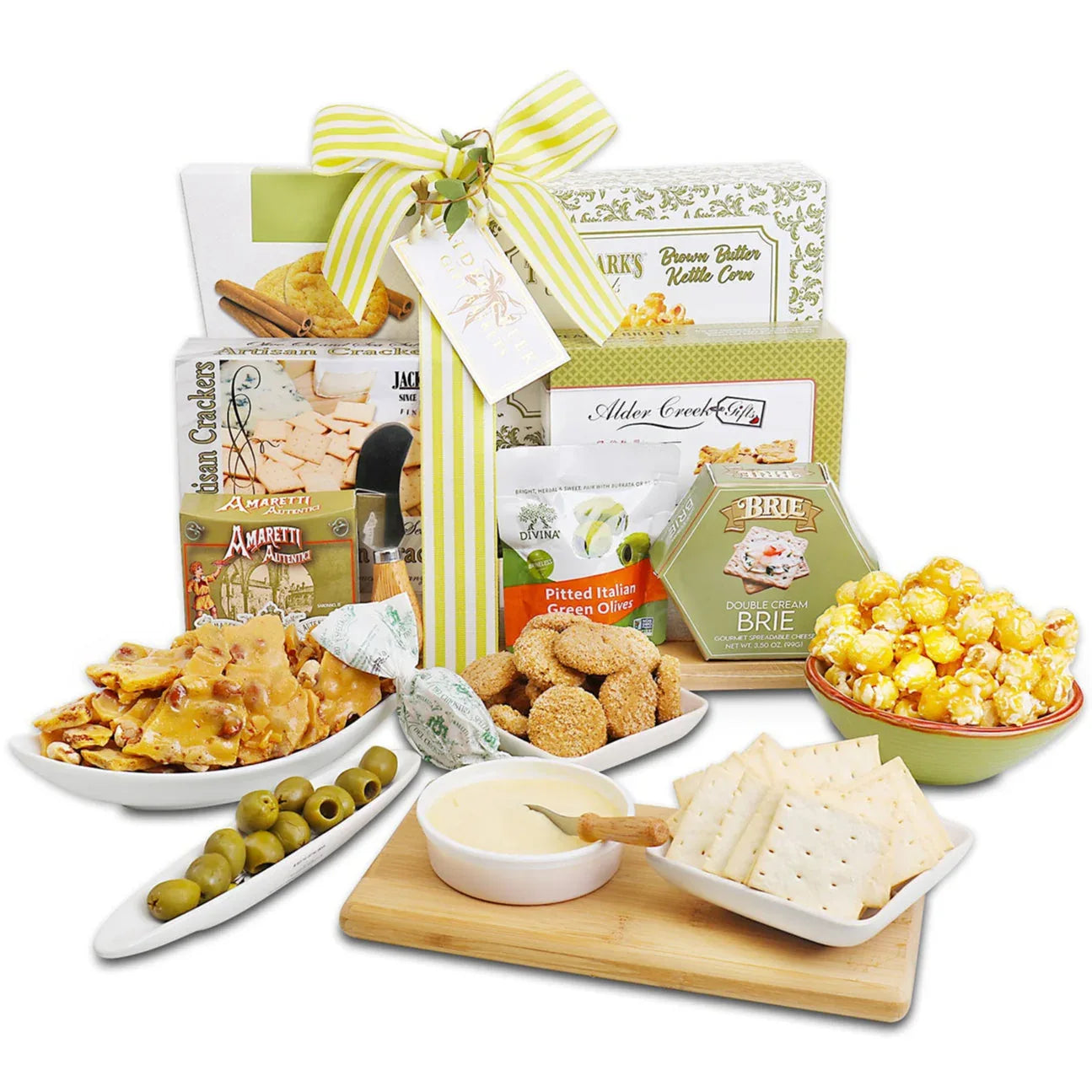 Charcuterie gift basket with brie, pitted green olives, crackers, and cheese tray