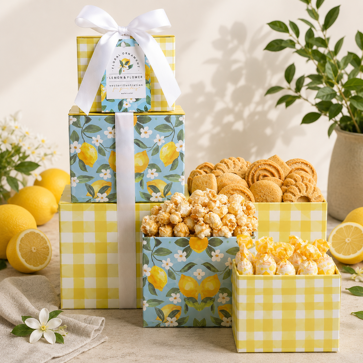 Gift tower gift set with stacked yellow gingham and blue floral boxes, white ribbon, treats