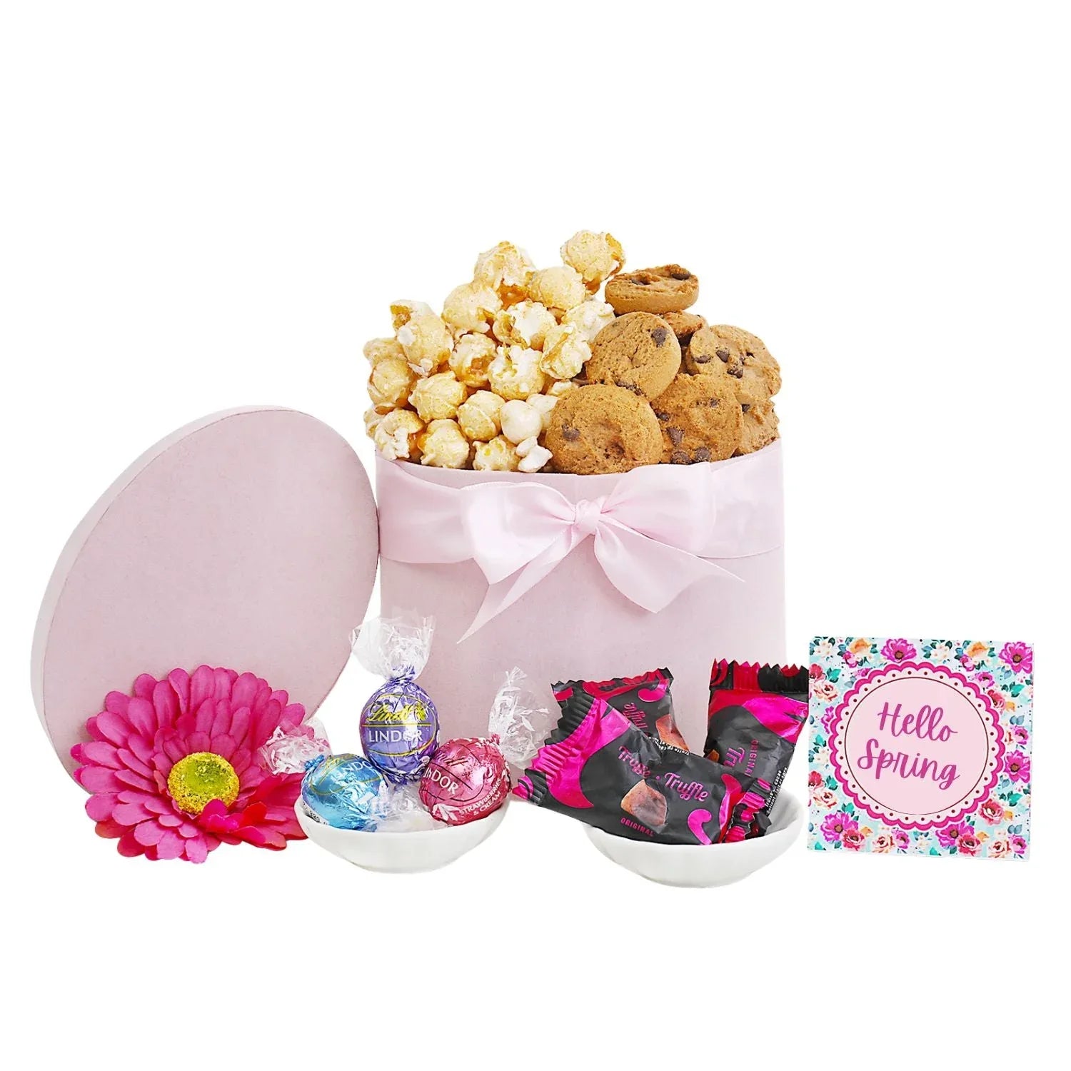 Mother’s Day treats box with cookies, chocolates, and Hello Spring card
