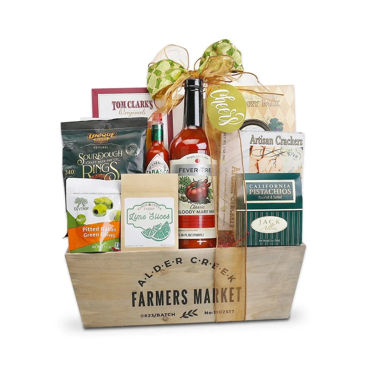 Farmers Market Bloody Mary gift basket with bottle, crackers, pistachios and olives