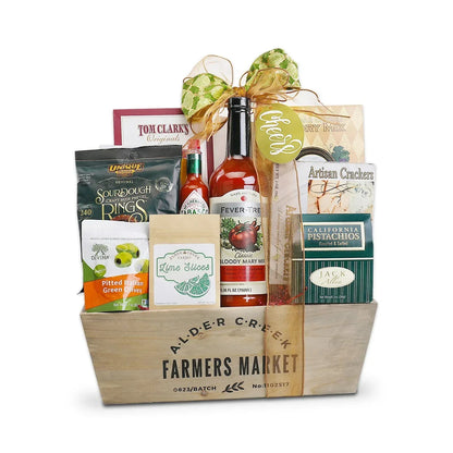 Farmers Market Bloody Mary gift basket with bottle, crackers, pistachios and olives