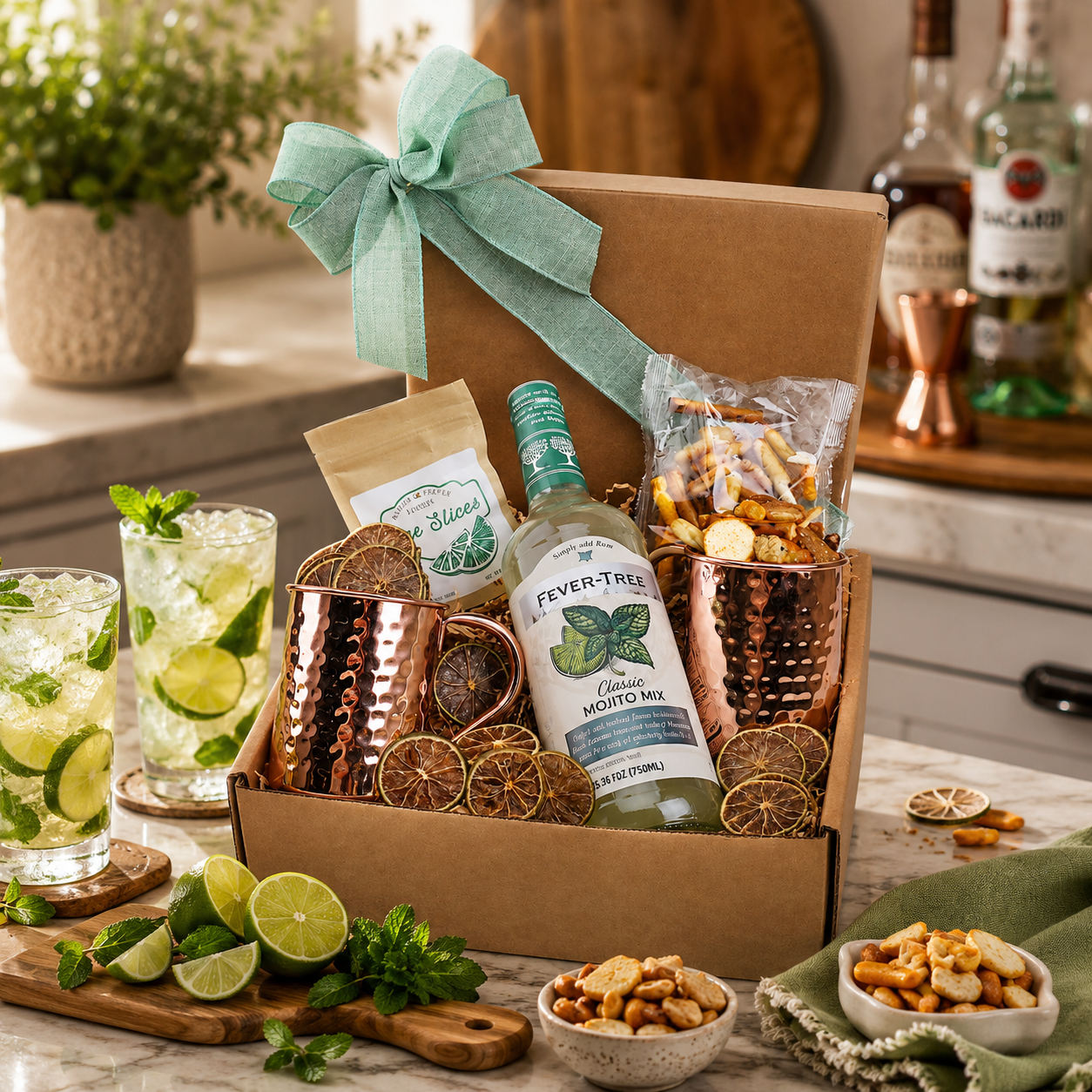Cocktail gift box with mint ribbon, hammered copper mugs, cocktail mix bottles and packets