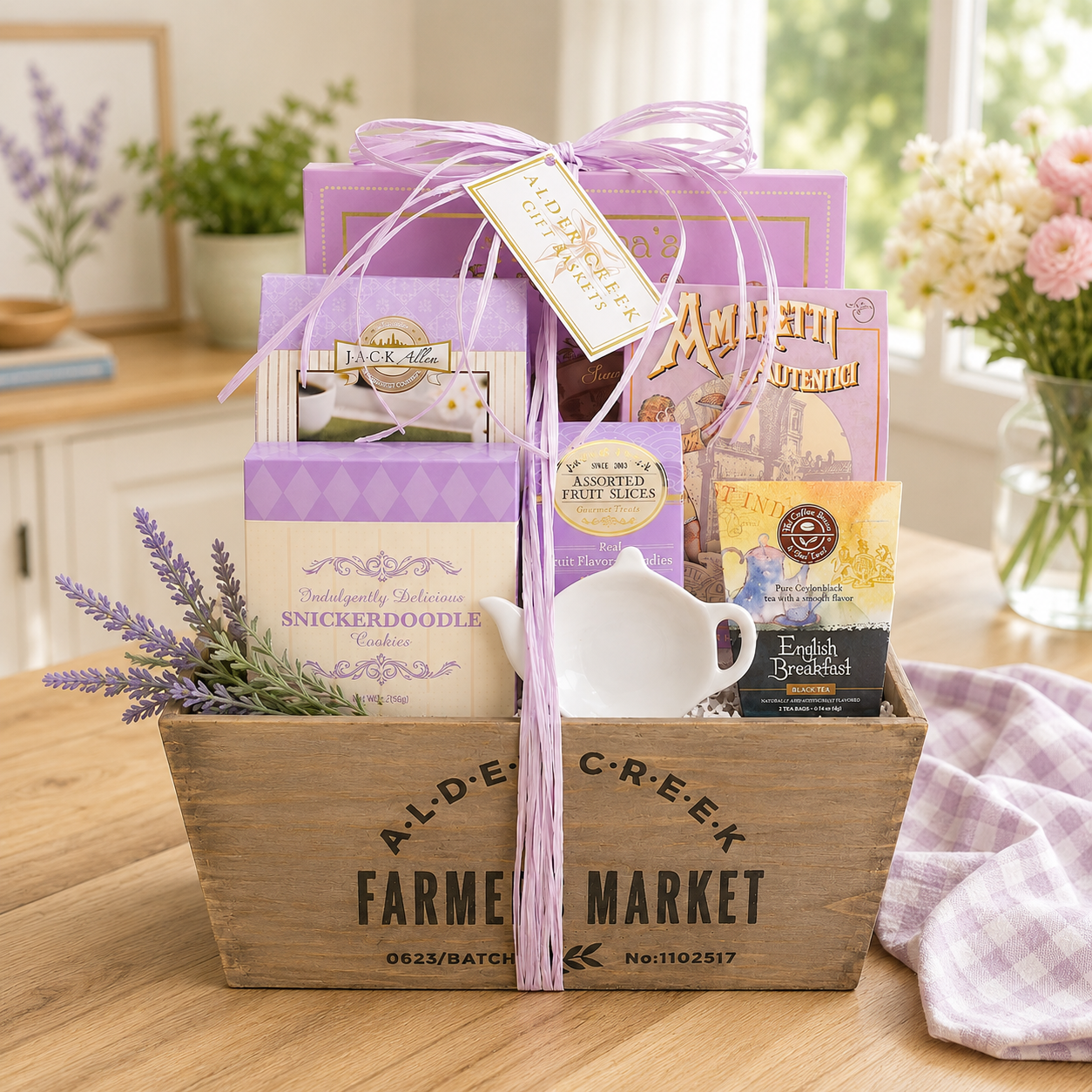 Lavender tea gift basket with wooden crate, purple ribbon, ceramic mug and assorted treats