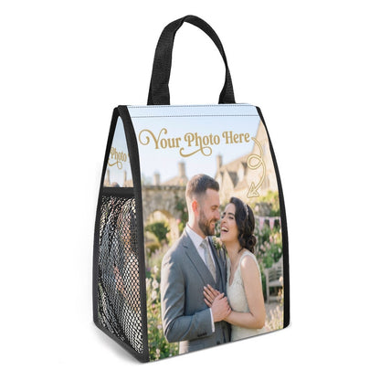 White and black photo-print insulated shopping tote bag with mesh side panels and handles