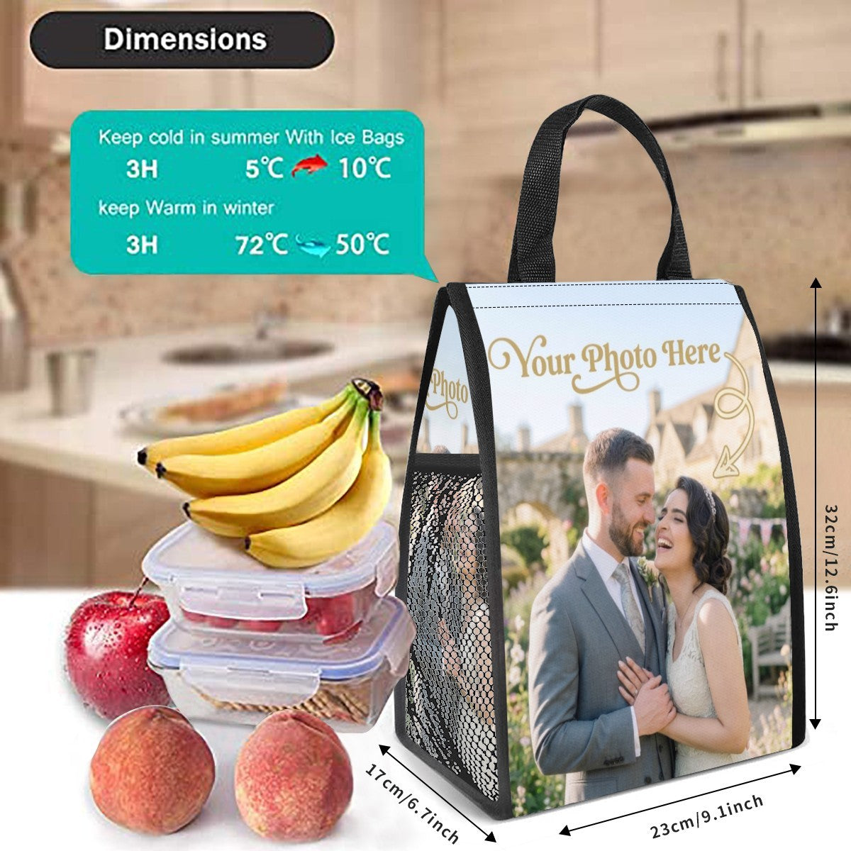 White photo-print insulated tote with black mesh sides, shown with food containers nearby