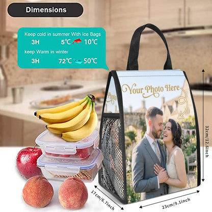 White photo-print insulated tote with black mesh sides, shown with food containers nearby