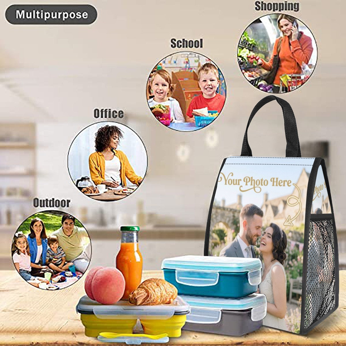 Photo-print insulated tote with black mesh side panels, styled with lunchboxes and supplies