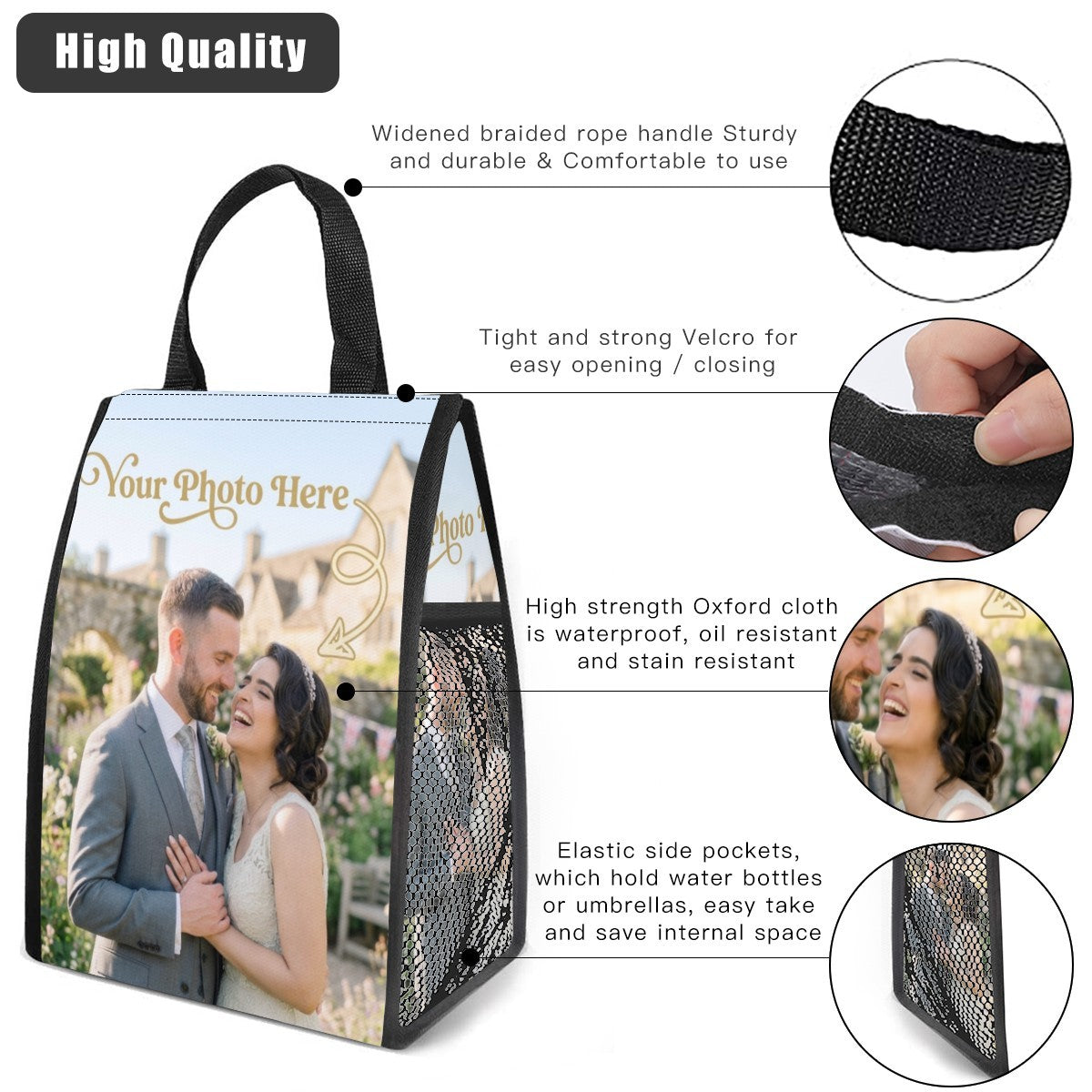 Photo-print insulated tote with black mesh sides, reinforced handle and hook-and-loop closure