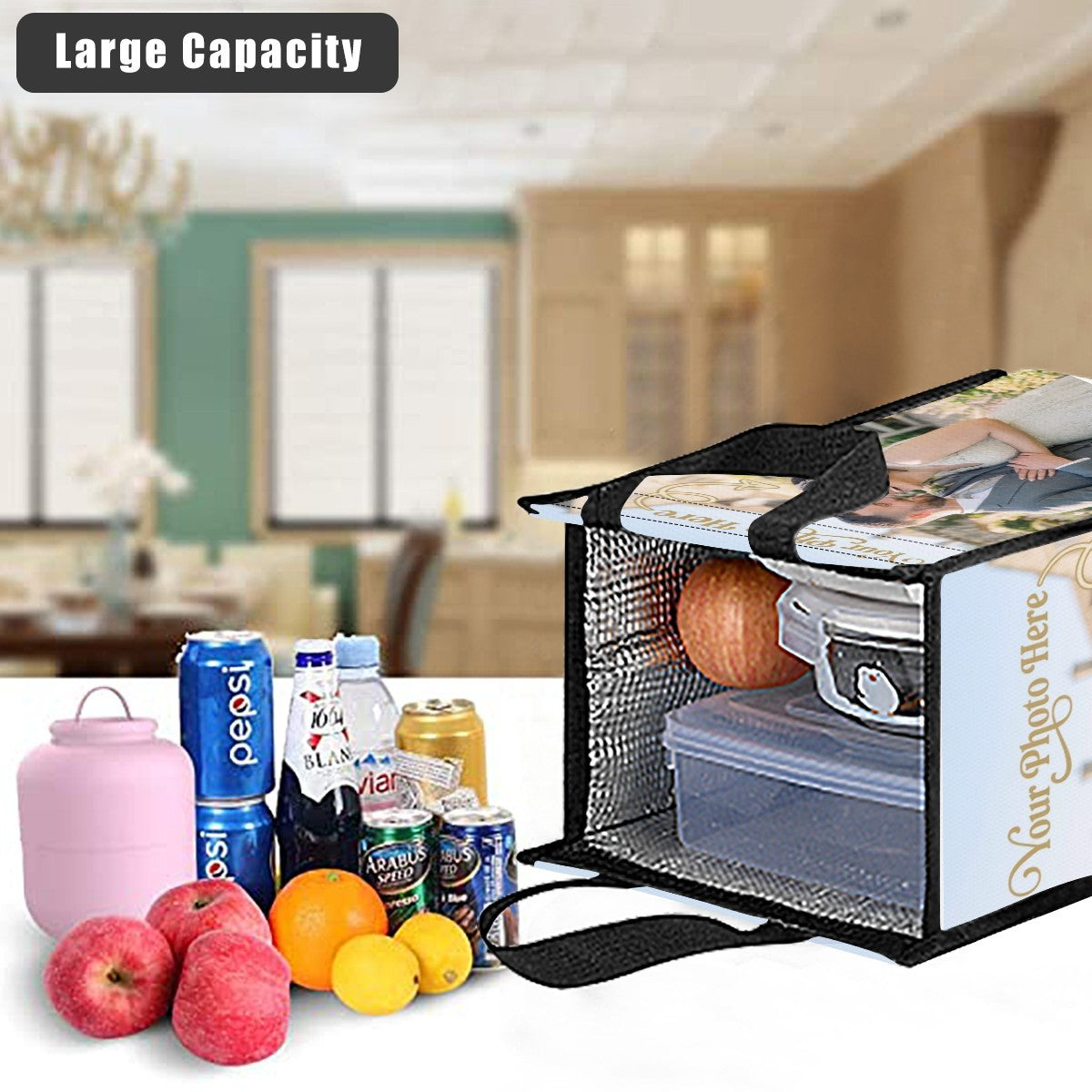 Photo-print insulated tote with black mesh sides, holding groceries and drink bottles