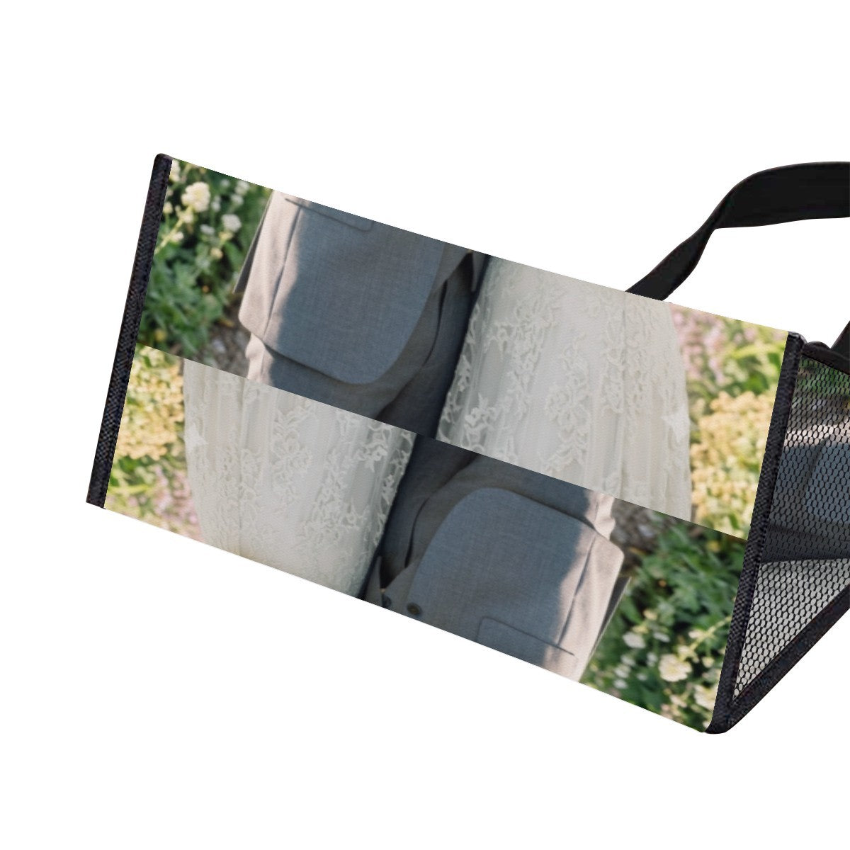 Photo-print insulated tote with black mesh sides, opened to show the interior storage compartment