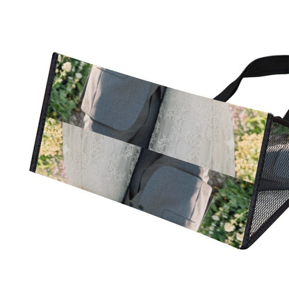 Photo-print insulated tote with black mesh sides, opened to show the interior storage compartment