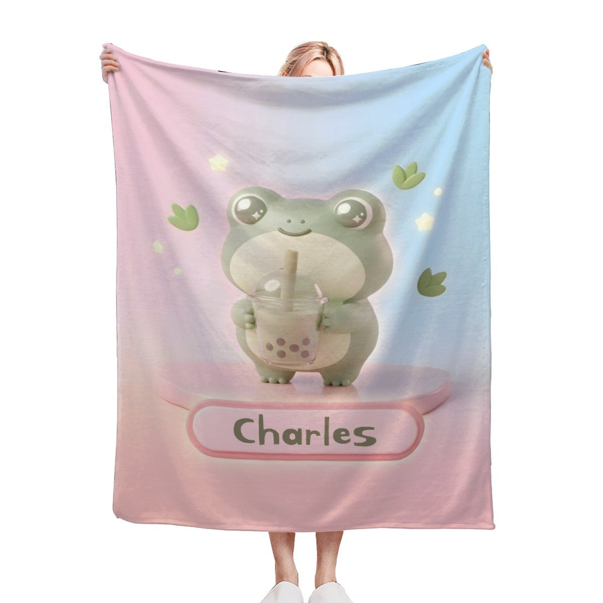 Frog cartoon blanket with green character on pink and blue gradient fabric