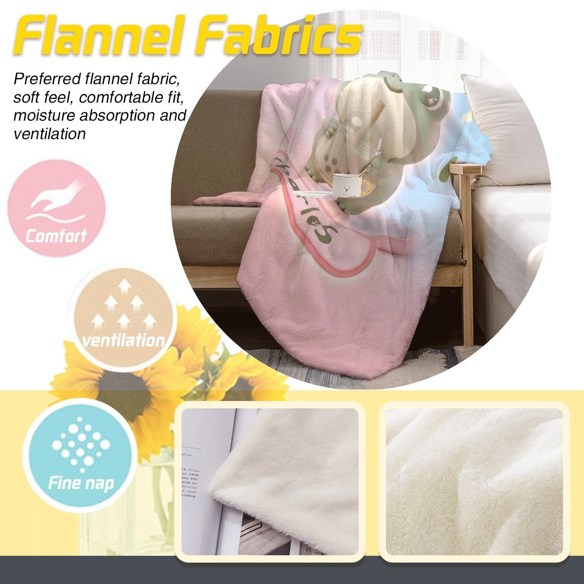Flannel frog cartoon blanket, soft pink and blue gradient with frog character