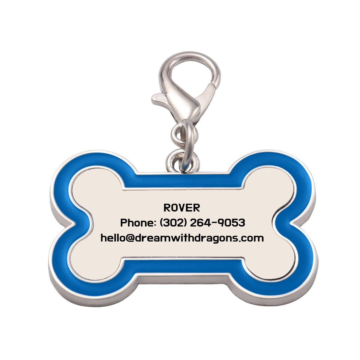 Blue and silver bone-shaped dog tag keychain with metal ring and contact text