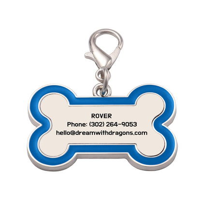 Blue and silver bone-shaped dog tag keychain with metal ring and contact text