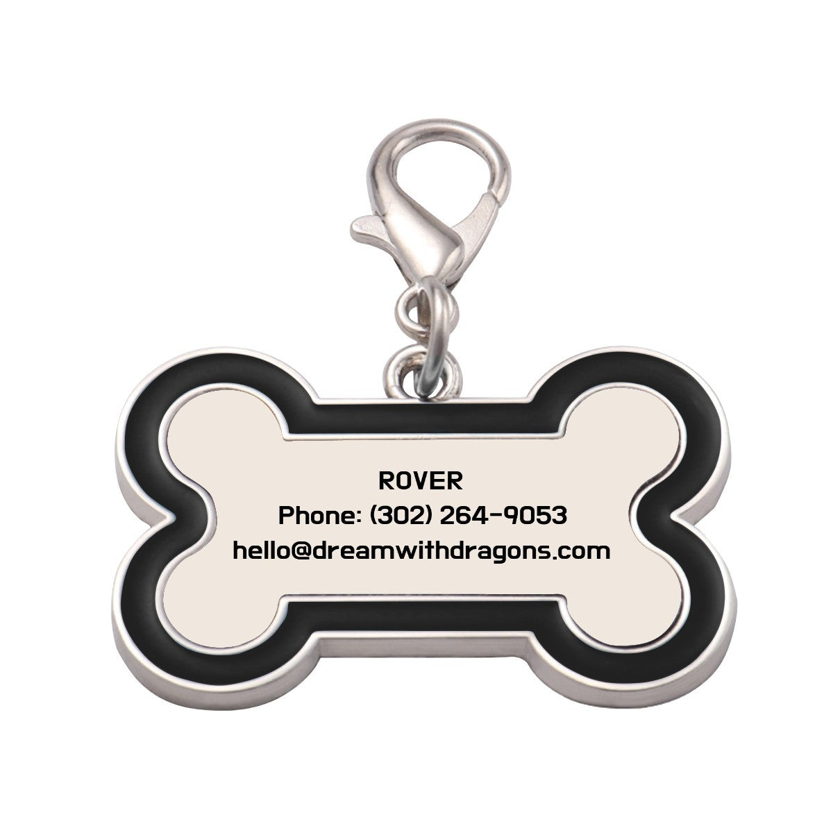 Black and silver bone-shaped dog tag keychain with metal ring and contact text