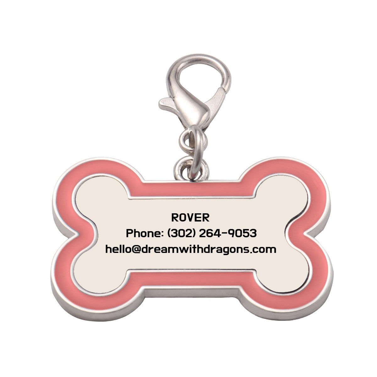 Pink and silver bone-shaped dog tag keychain with metal ring and contact text