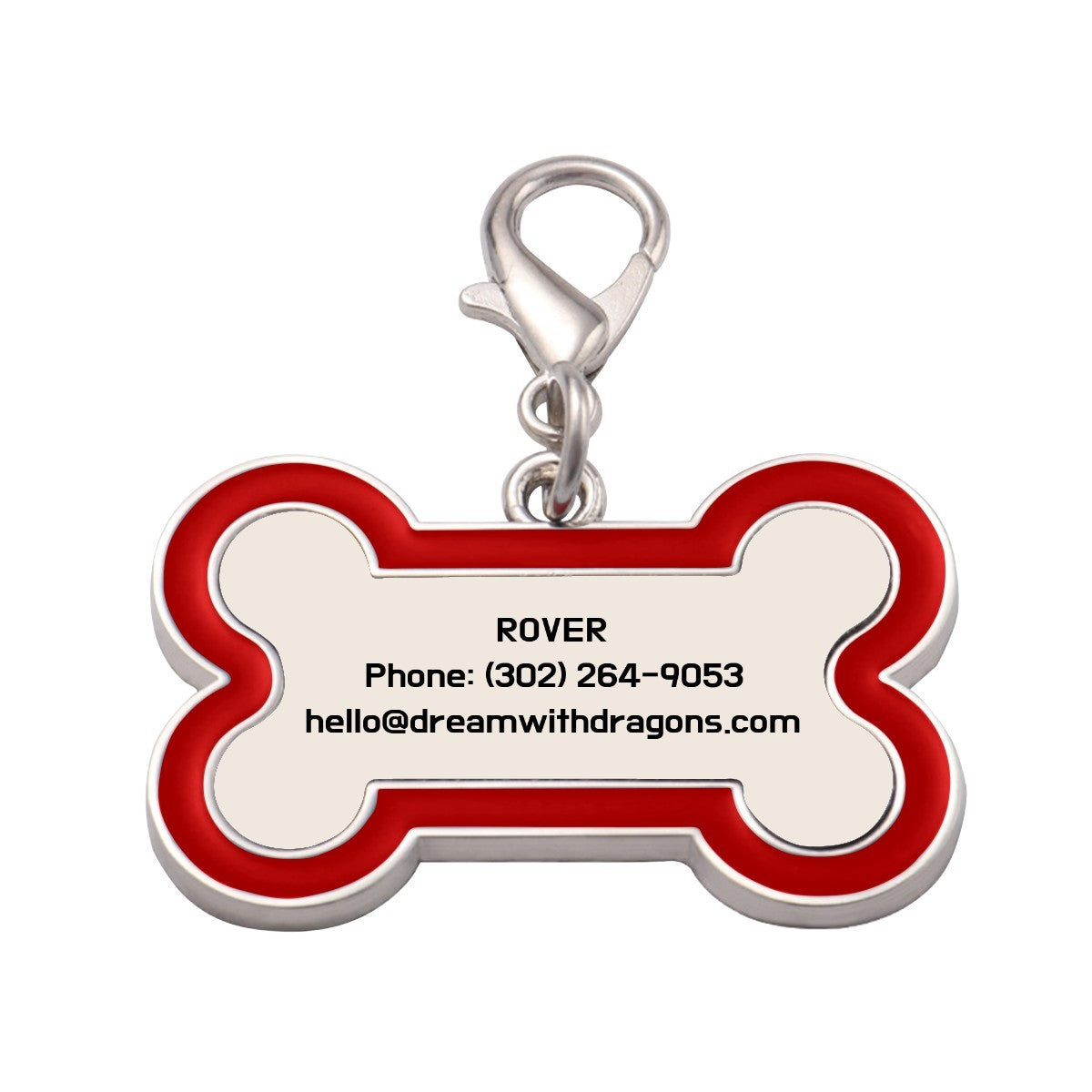 Red bone-shaped dog tag keychain with metal ring and printed contact details