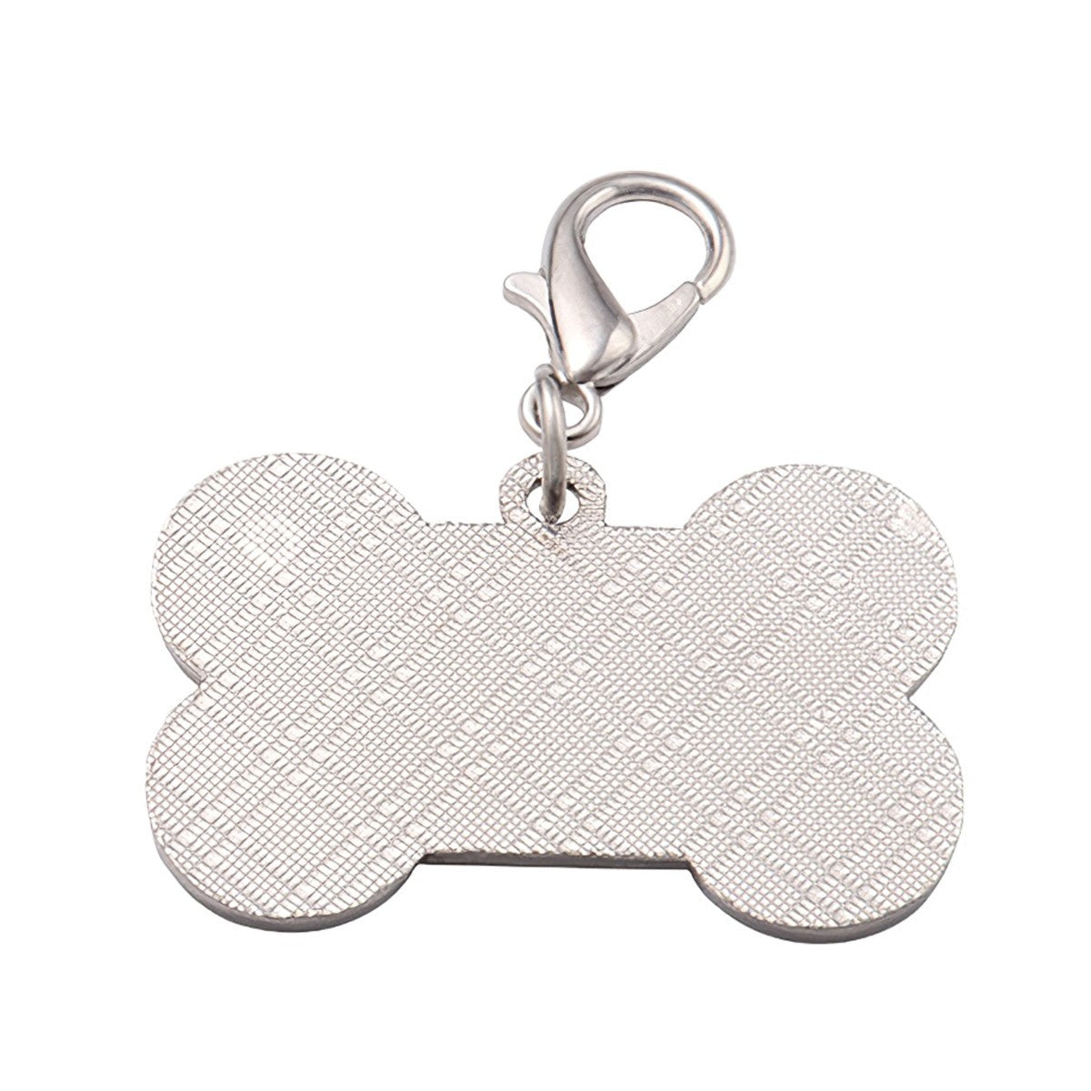 Silver bone-shaped dog tag keychain with metal ring and textured surface