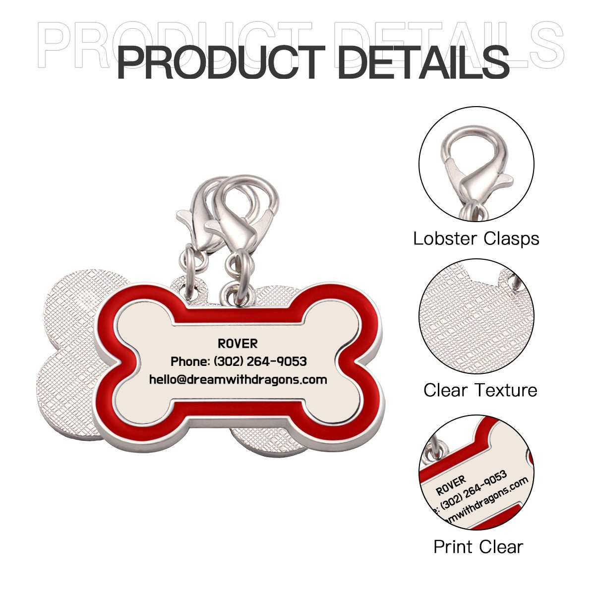 Dog tag keychain product details view: lobster clasp, clear texture, printed design