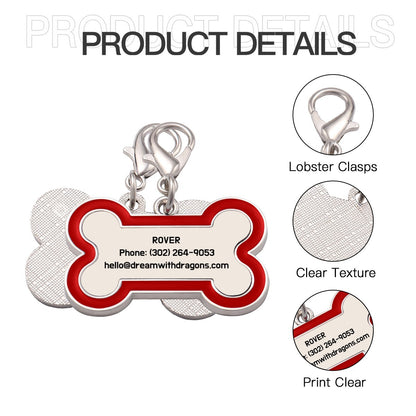 Dog tag keychain product details view: lobster clasp, clear texture, printed design