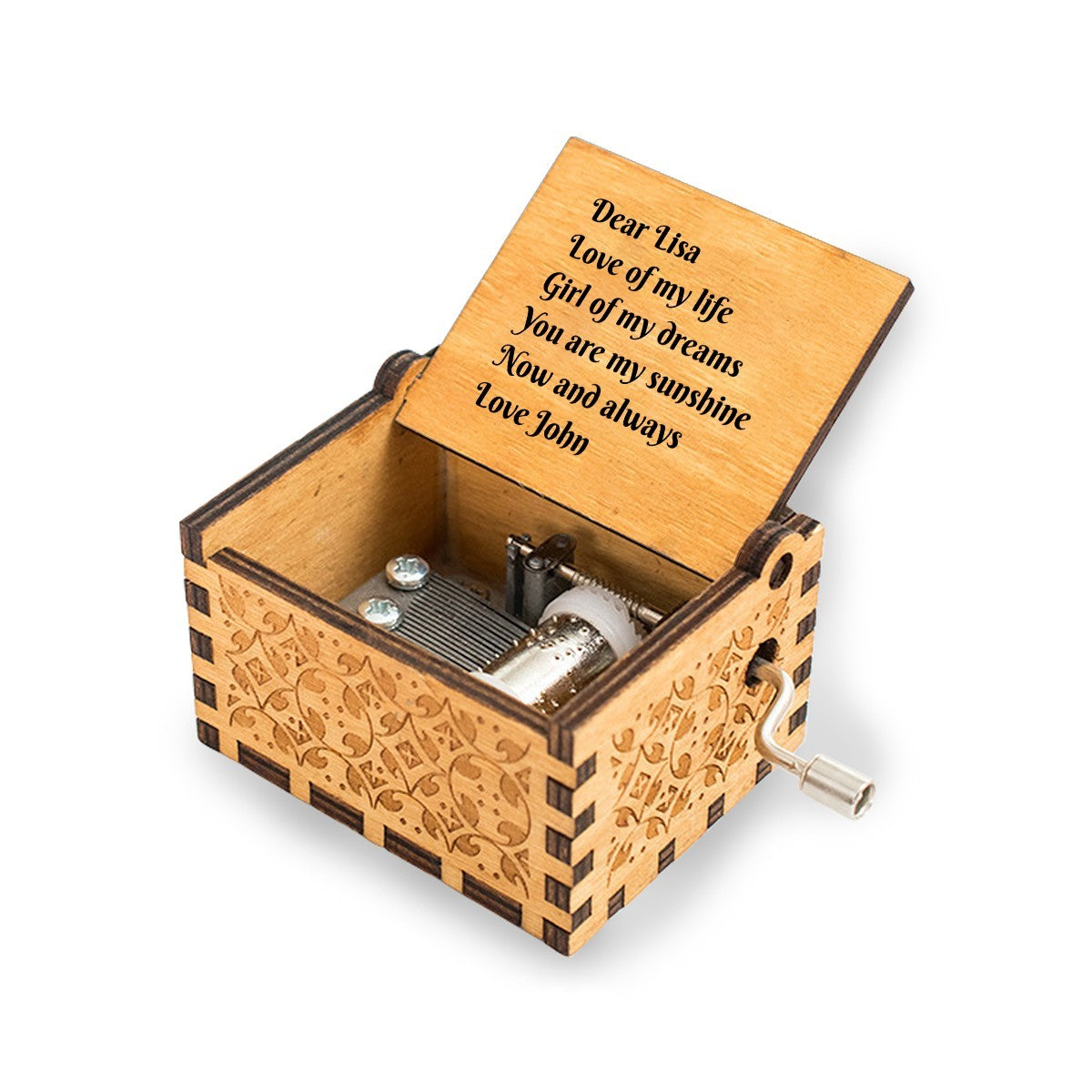 Engraved wooden music box with open lid and message panel on top
