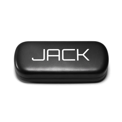 Black faux-leather glasses case with “JACK” logo on lid, hinged shell.