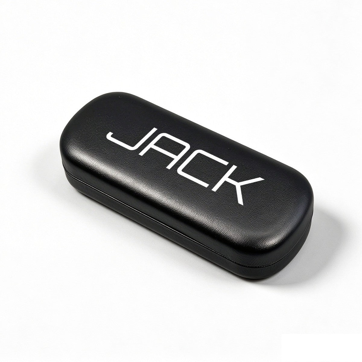 Black glasses case with textured lid and “JACK” logo, angled view.
