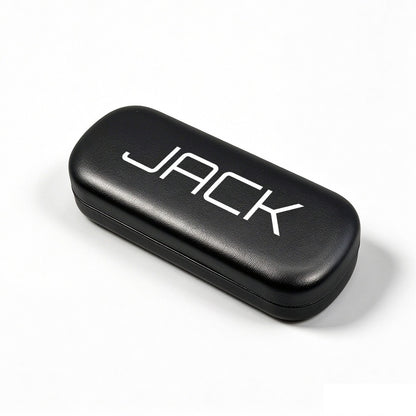 Black glasses case with textured lid and “JACK” logo, angled view.