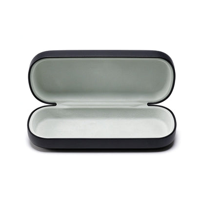 Black glasses case open to reveal light interior lining.