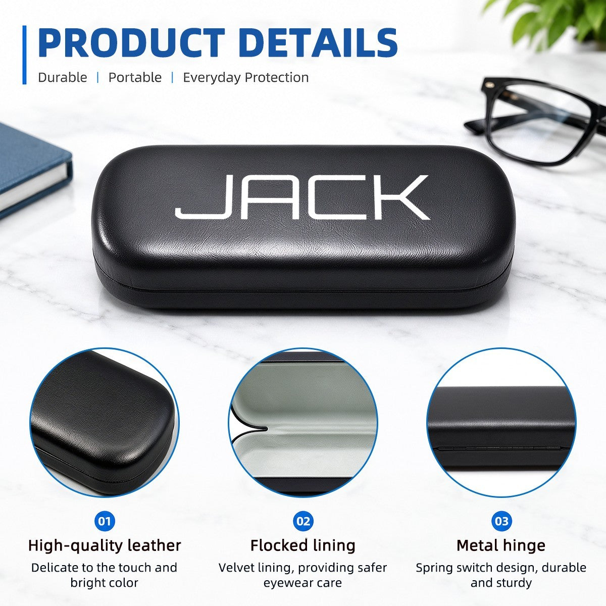 Black glasses case with “JACK” logo; inset shows lined interior and metal hinge.
