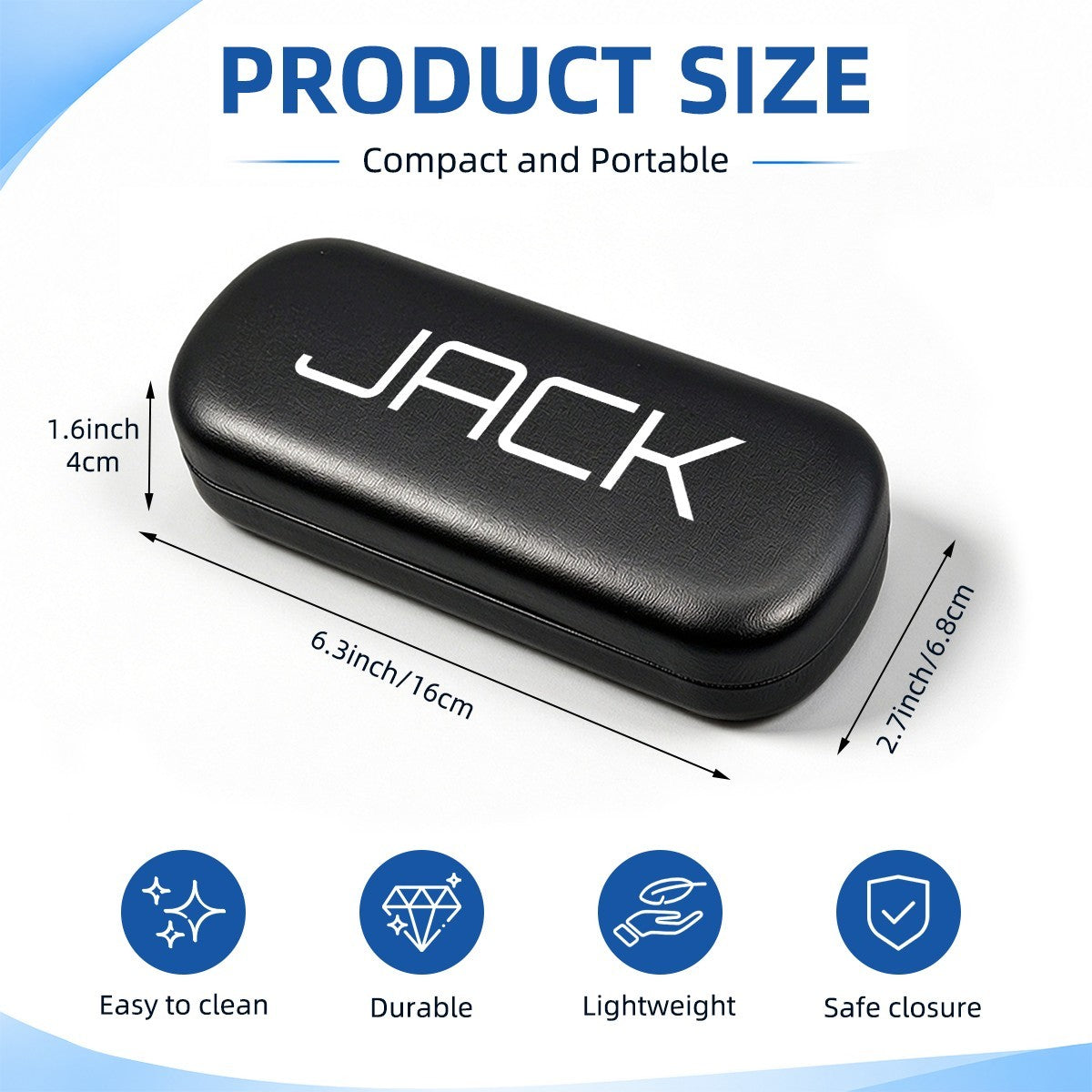 Black glasses case with “JACK” logo, compact portable design shown.
