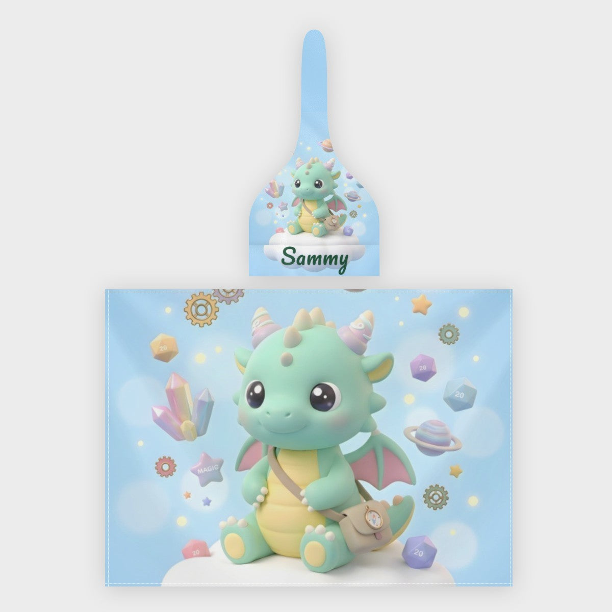 Personalized green dragon baby swaddle blanket with matching hat, name 'Sammy'.