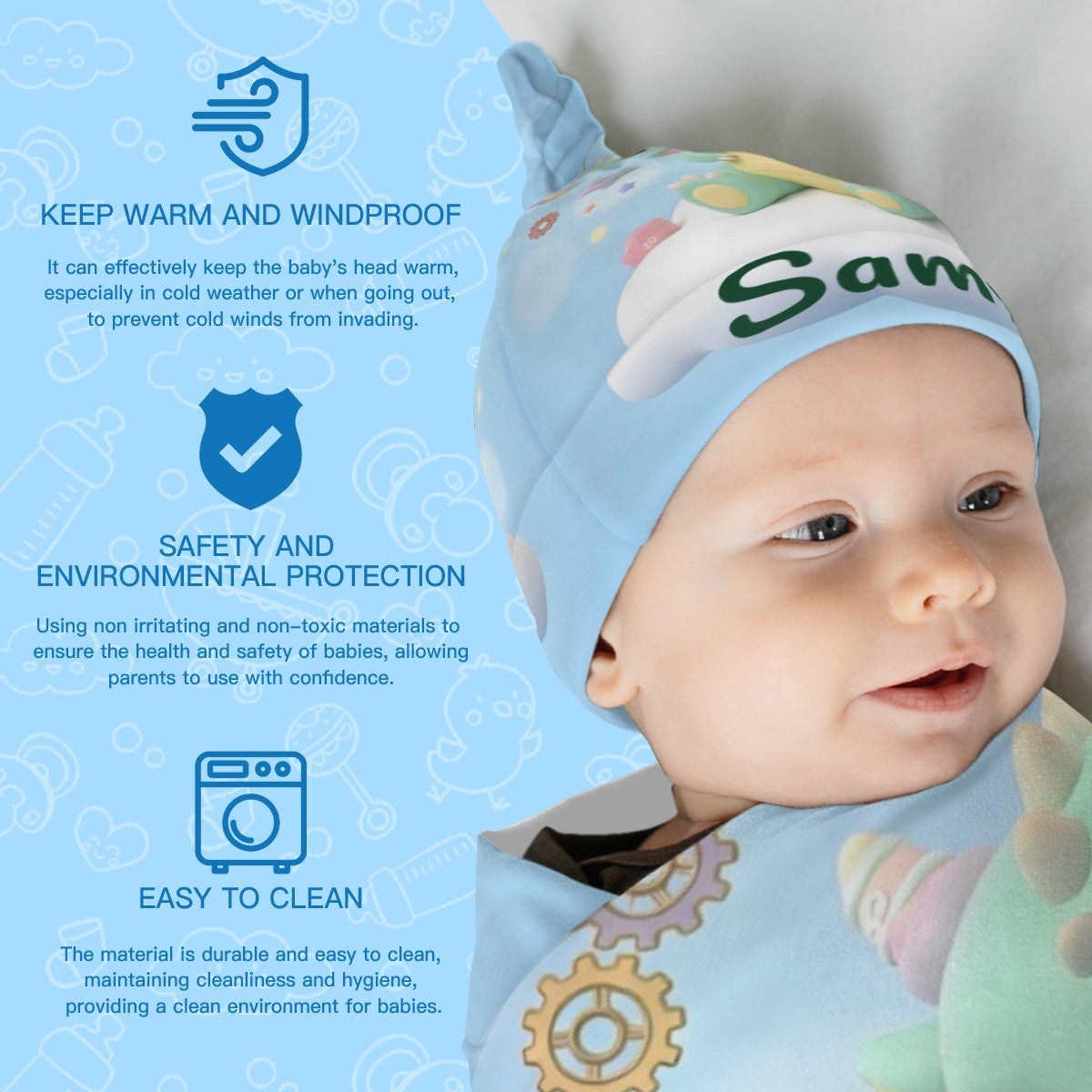 Baby wrapped in green dragon swaddle blanket with matching 'Sammy' hat.