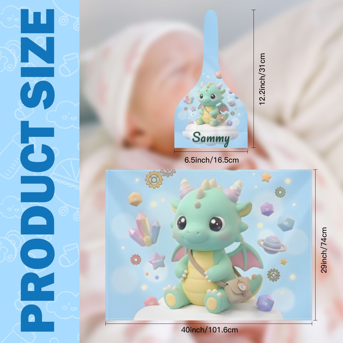 Green dragon swaddle blanket and matching hat set with size measurements.