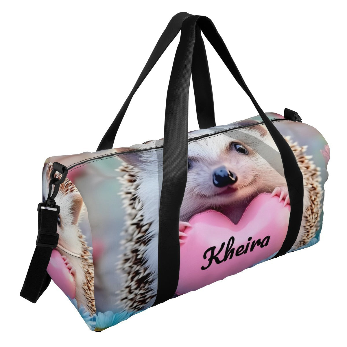 Hedgehog print duffel bag with black handles, pink heart panel, and side zipper pocket