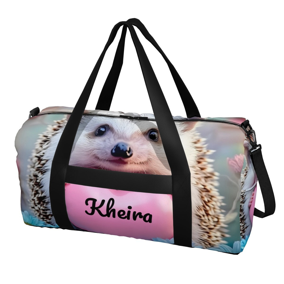 Hedgehog print duffel bag with black crossbody strap and pink logo band