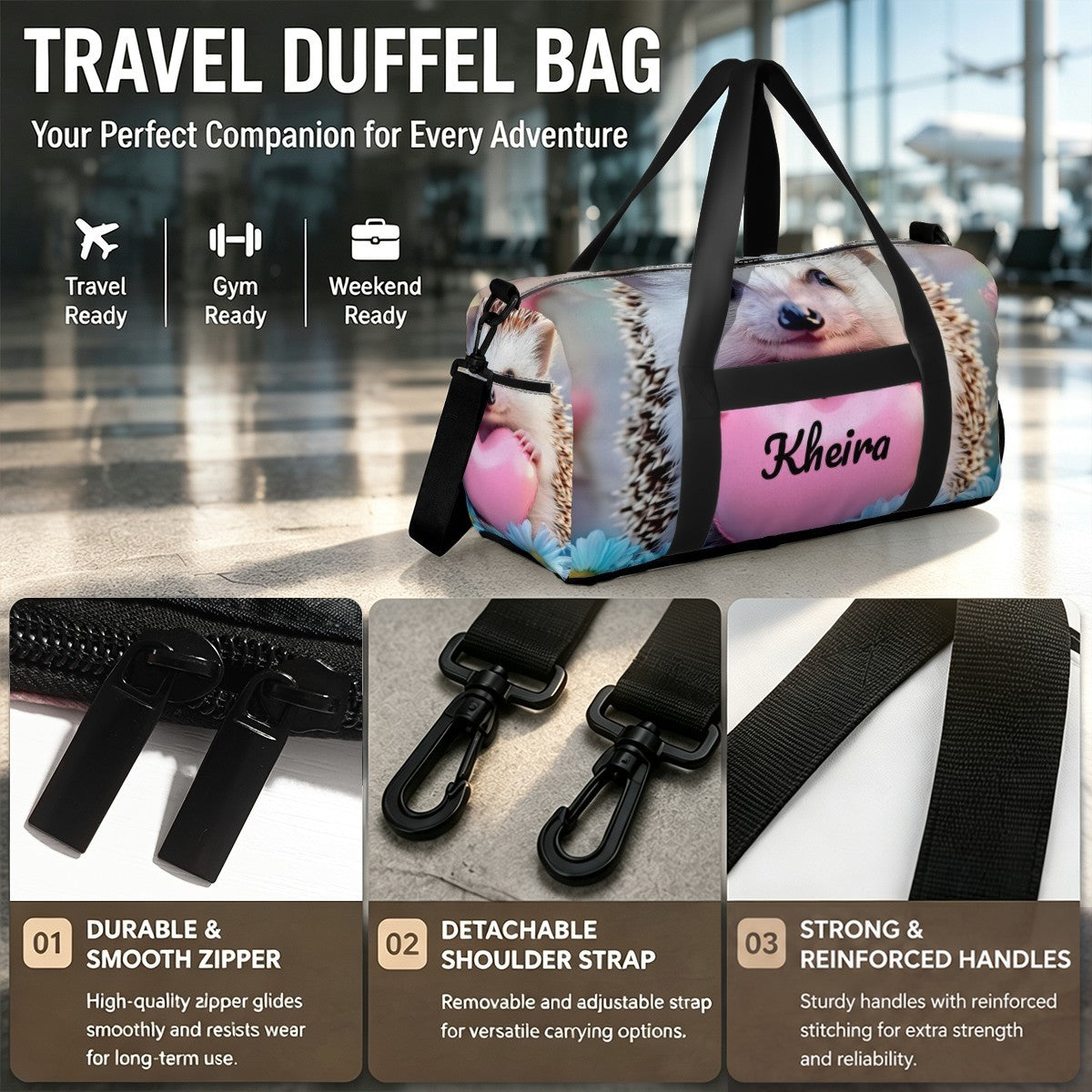 Hedgehog print travel duffel bag with black straps and reinforced carry handles