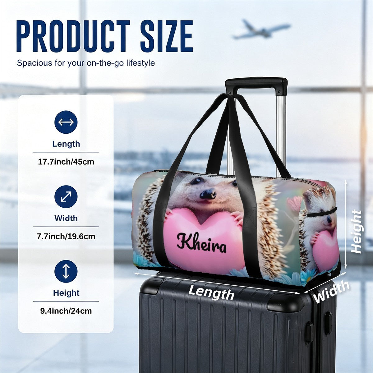 Hedgehog print duffel bag with black handles and rear luggage-strap opening