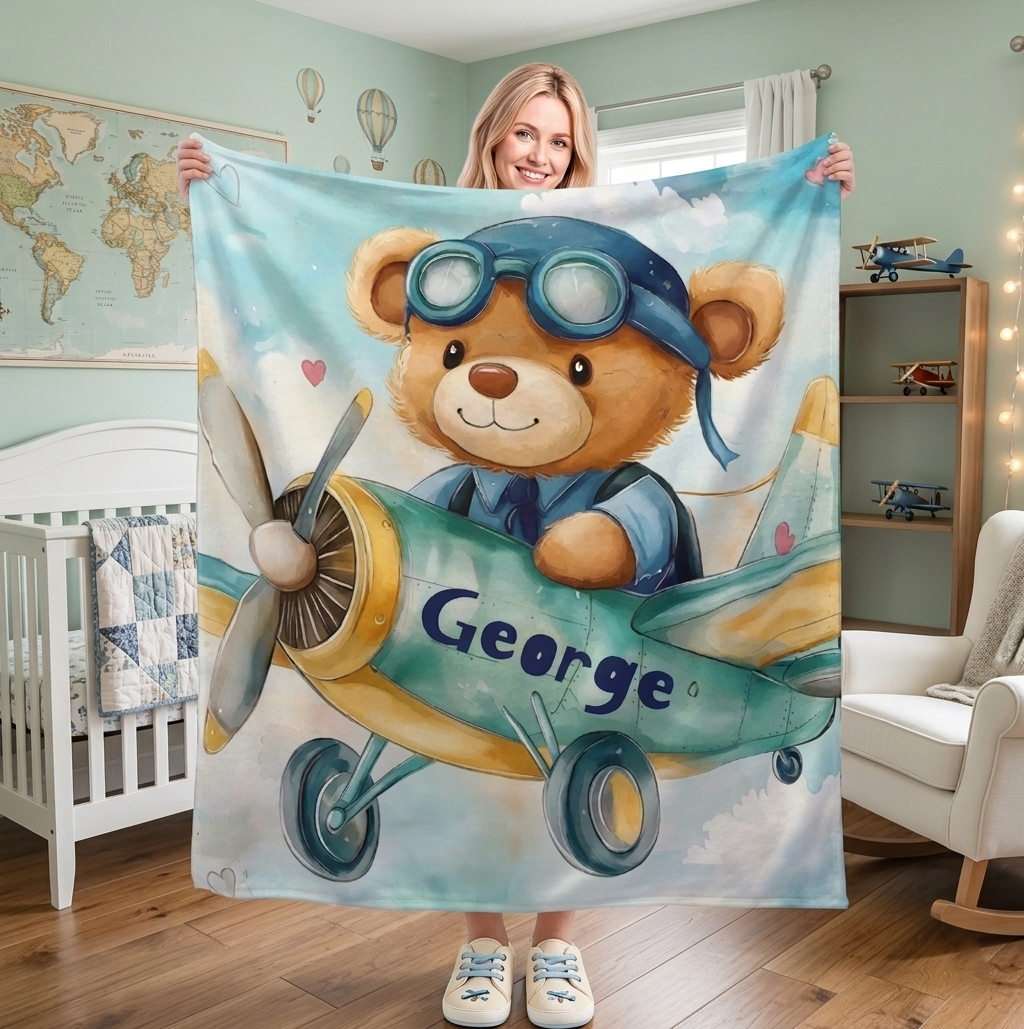 Pilot teddy bear blanket held up, light blue sky design with George name
