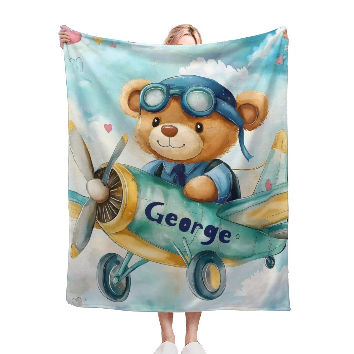 Pilot teddy bear blanket, light blue with George name and aviator bear