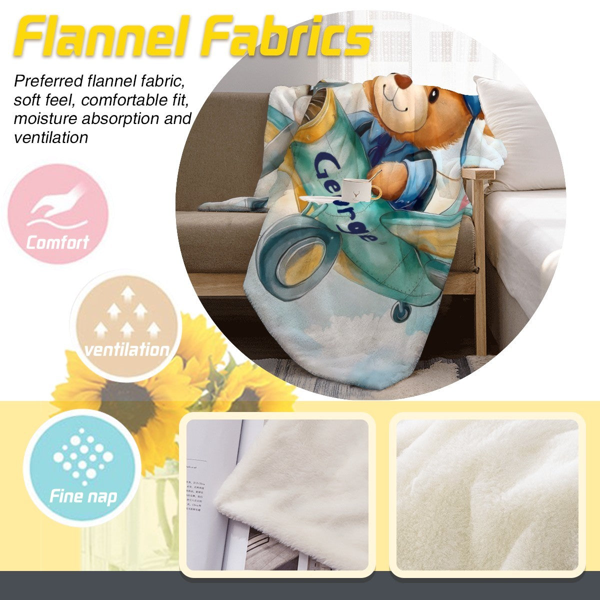 Pilot teddy bear blanket on sofa, light blue with George name and bear