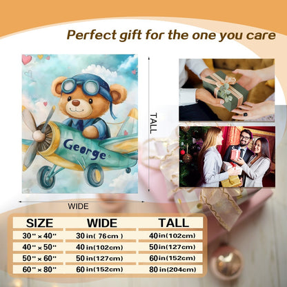 Pilot teddy bear blanket with George name, light blue airplane and bear design