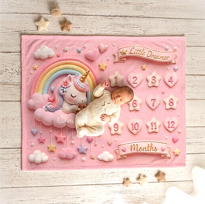 Pink unicorn milestone blanket with 'Little Dreamer' banner, rainbow, and 1–12 months